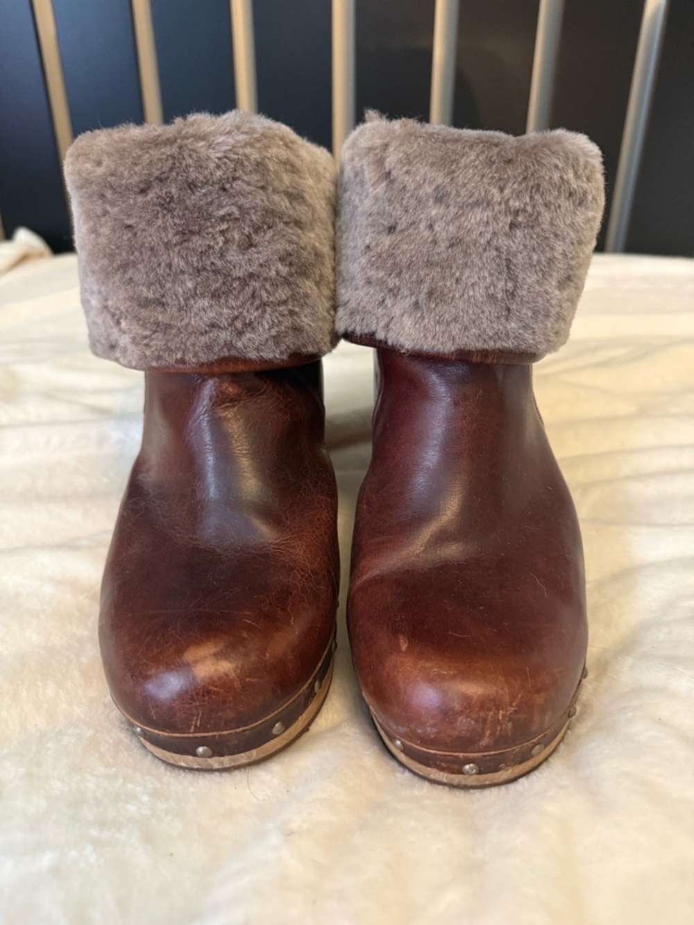 UGG Chestnut Brown Leather Fur-Cuff Clog Boots